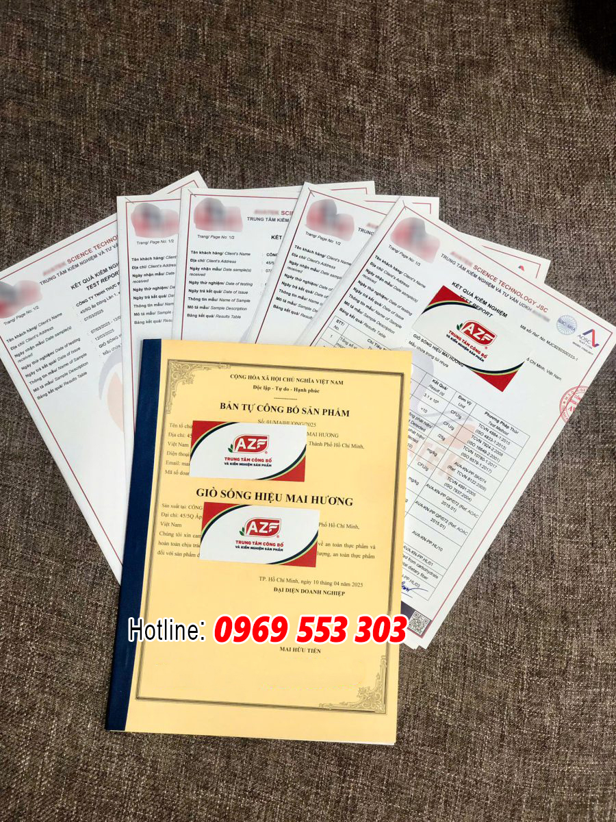 Bản tự công bố chất lượng sản phẩm và phiếu kết quả kiểm nghiệm