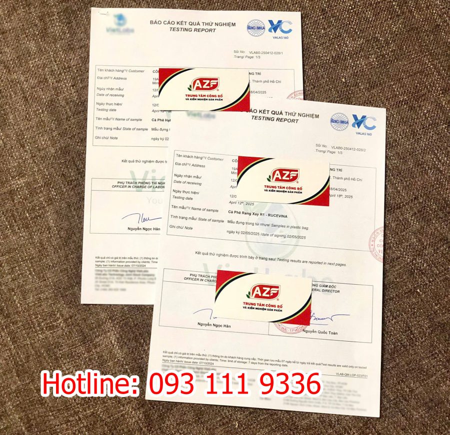 Phiếu kết quả kiểm nghiệm cà phê đã hoàn thành cho khách hàng tại antoanvesinhthucpham.vn